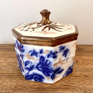 Large Antique Victorian Stilton Cheese Dish, Flow Blue Gilt Decor, Circa 1870 - Octagonal Cover, likely William A. Adderley & Co.