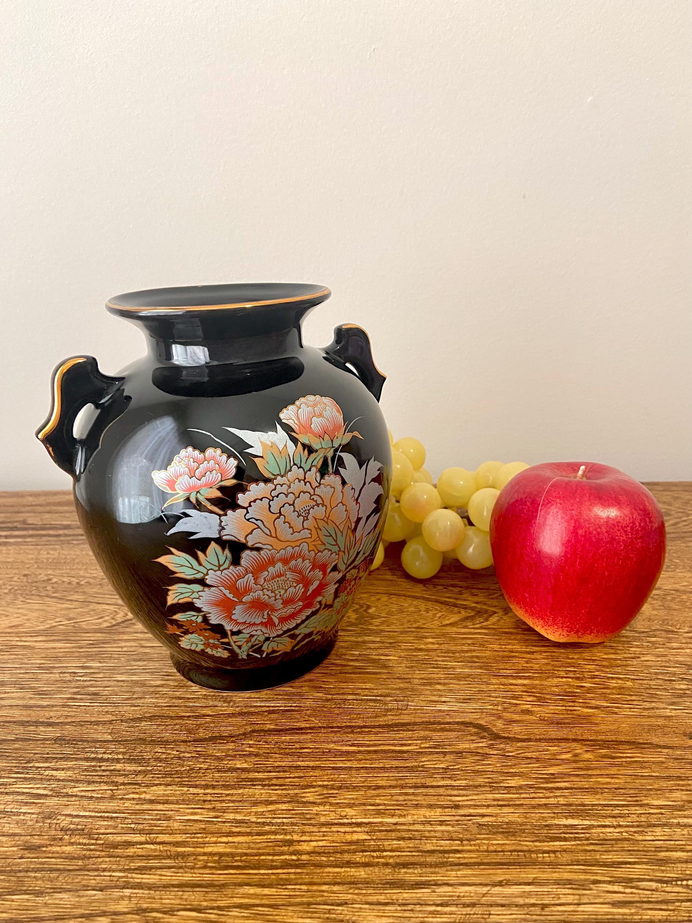 Vintage Imperial Japanese Black Porcelain Vase - Peony Floral