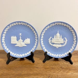 Vintage Wedgwood Christmas Plates, 1971 Piccadilly Circus & 1972 St. Paul’s Cathedral, Pale Blue Jasperware, Collectible Display Plates