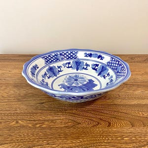 Large Vintage Blue and White Chinese Porcelain Bowl, Traditional Ming/Qing Dynasty Style, Mid 20th Century, 10.5” Diameter, Asian Art Decor