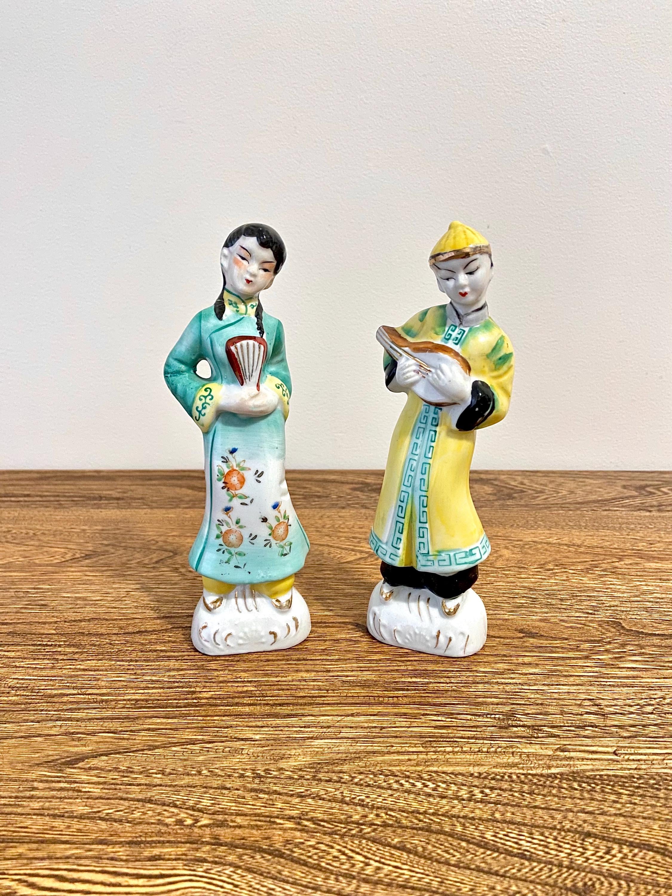 Vintage Japanese Couple Figurines, Asian Porcelain Man With Lute