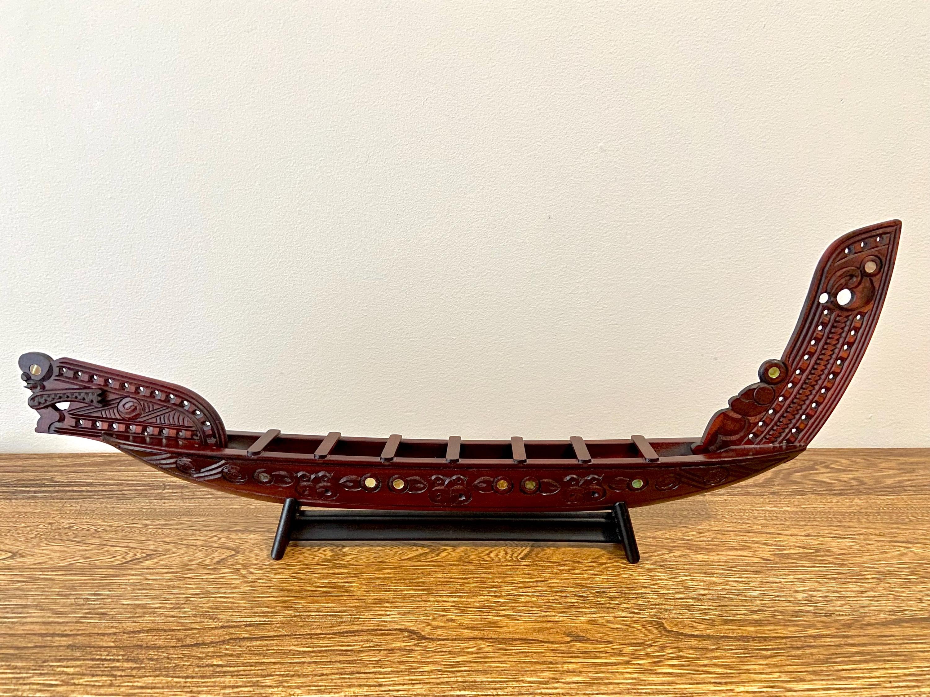 Vintage Maori Waka Canoe by Ron Andrews, Hand Carved New Zealand