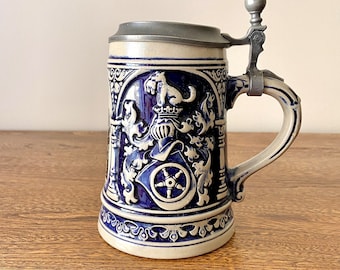 Original GERZ German Lidded Beer Stein, Götz von Berlichingen, Tankard, Zinn Lid, The Iron Hand