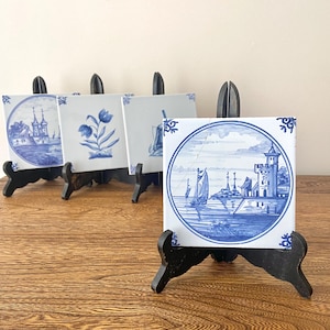 Cracked* Vintage Westraven Holland Dutch Delft Blue Tile - Sailing Scene with Castle & Ships, Antique Netherland Gift, 13 cm (5 1/8&quot;)