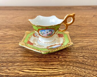 Antique Miniature Japanese Teacup & Saucer Set, Hand-Painted Porcelain, Gold Gilded, Japan