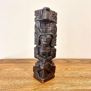 Large Vintage Aztec Wooden Statue, Mesoamerican Totem, Maya Figure, Health & Medicine Idol, 13&quot;H Carved God Sculpture, 1970s, Mexico