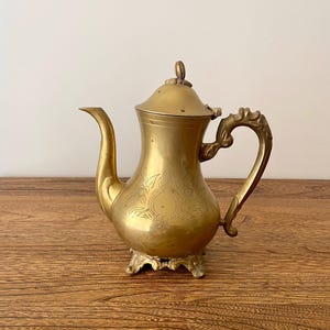 Vintage Solid Brass Indian Teapot with Floral Etching, Made in India, 9&quot; Tall Footed Pot, Ornate Handle, Boho or Eclectic Decor