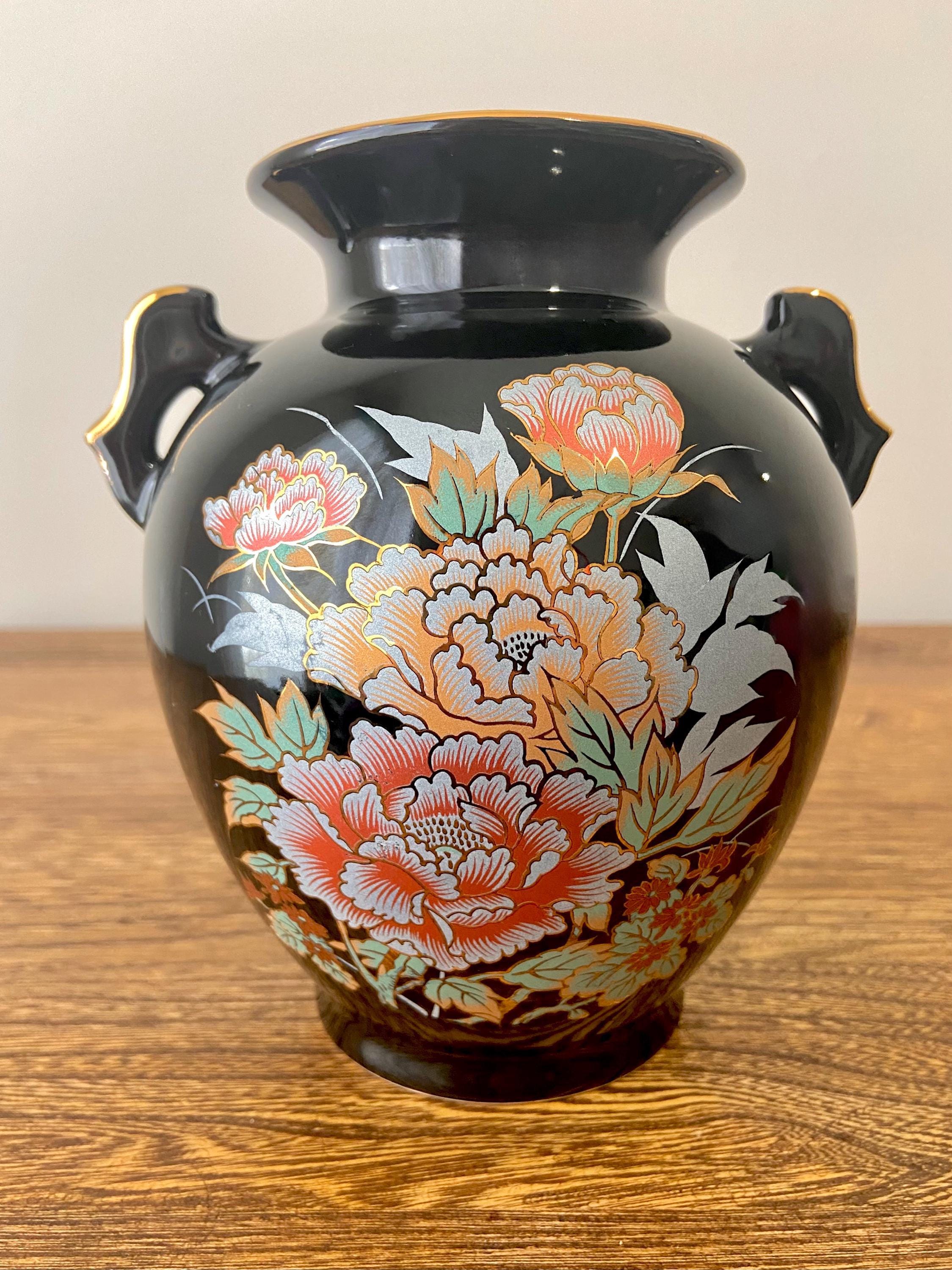 Vintage Imperial Japanese Black Porcelain Vase - Peony Floral