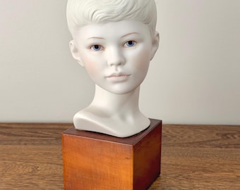 Vintage 1960s Cybis Head of Boy Bust, Signed Bisque Porcelain Child Sculpture on Wood Base, Shelf and Mantel Decor, USA