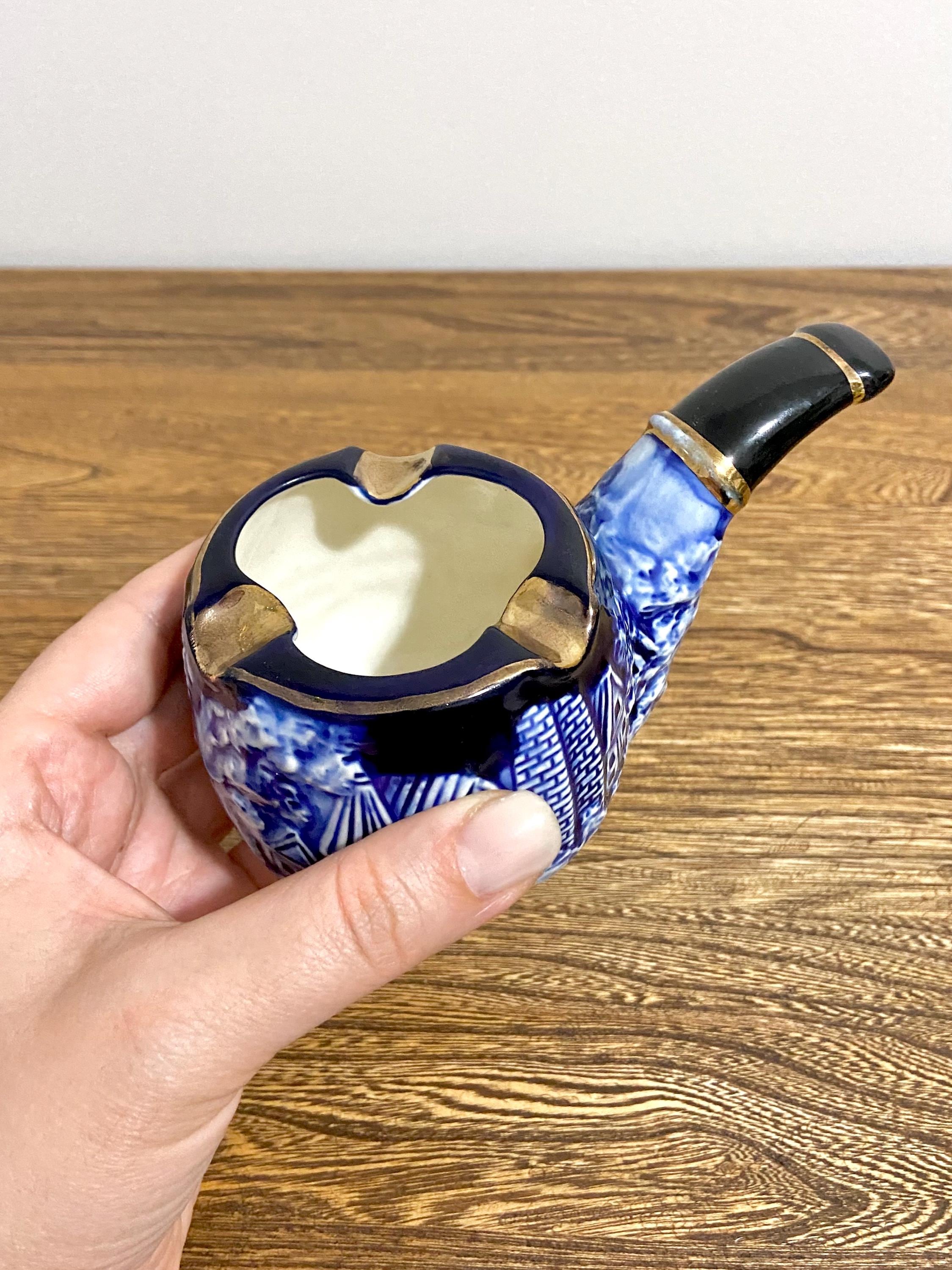 Vintage ESD Japan Pipe Shaped Ashtray 24088, Blue & White Ceramic