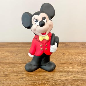 Vintage Mickey Mouse Ceramic Figurine, 9.25” Tall, Red Jacket & Bow Tie, Hand Painted Hollow Figure, 1970s