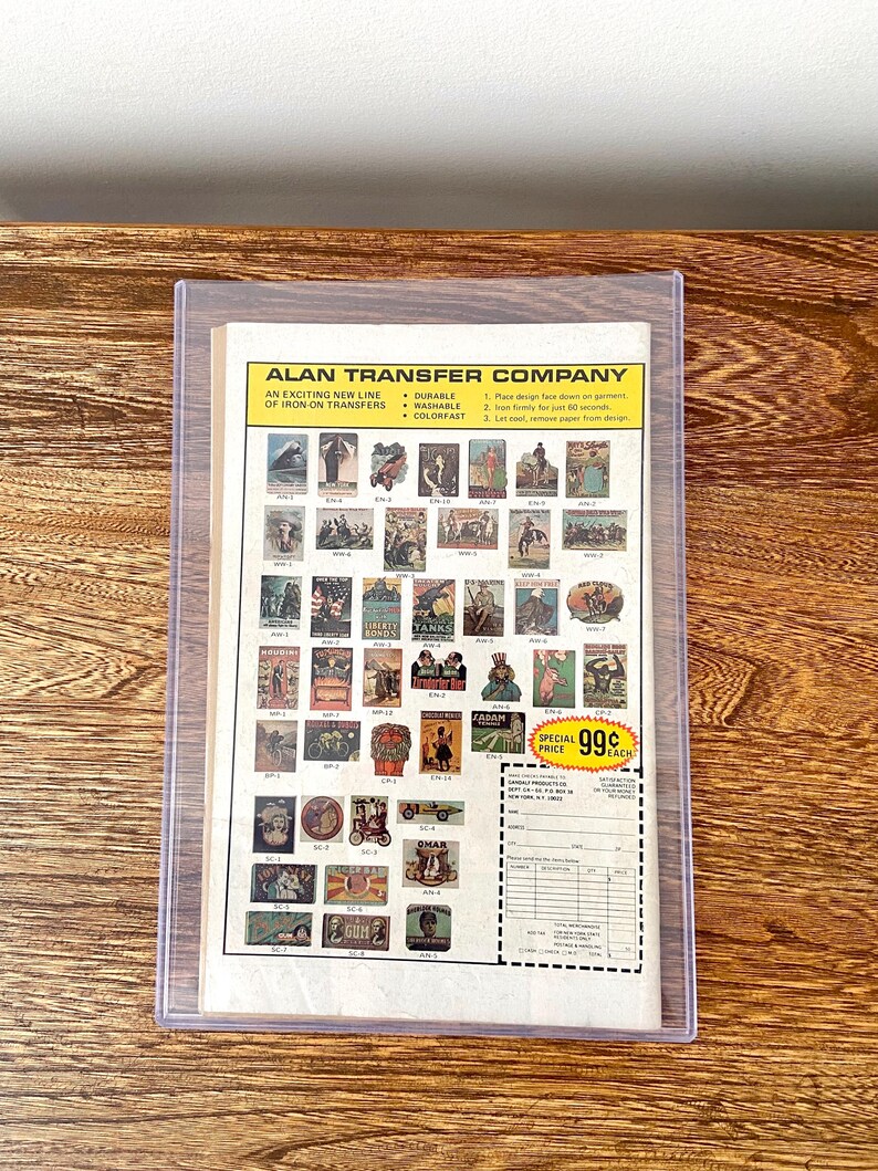 May include: A sheet of iron-on transfer designs featuring various images, including a cowboy on horseback, a car, a tank, and a gum dispenser. The sheet is labelled "Alan Transfer Company" and includes instructions for applying the transfers. The price is listed as 99 pence each.