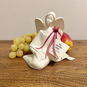 Vintage My Guardian Angel Statue by Meggan&#39;s, 5 3/4&quot; Tall, Pink Rose White Ceramic, Made in Canada