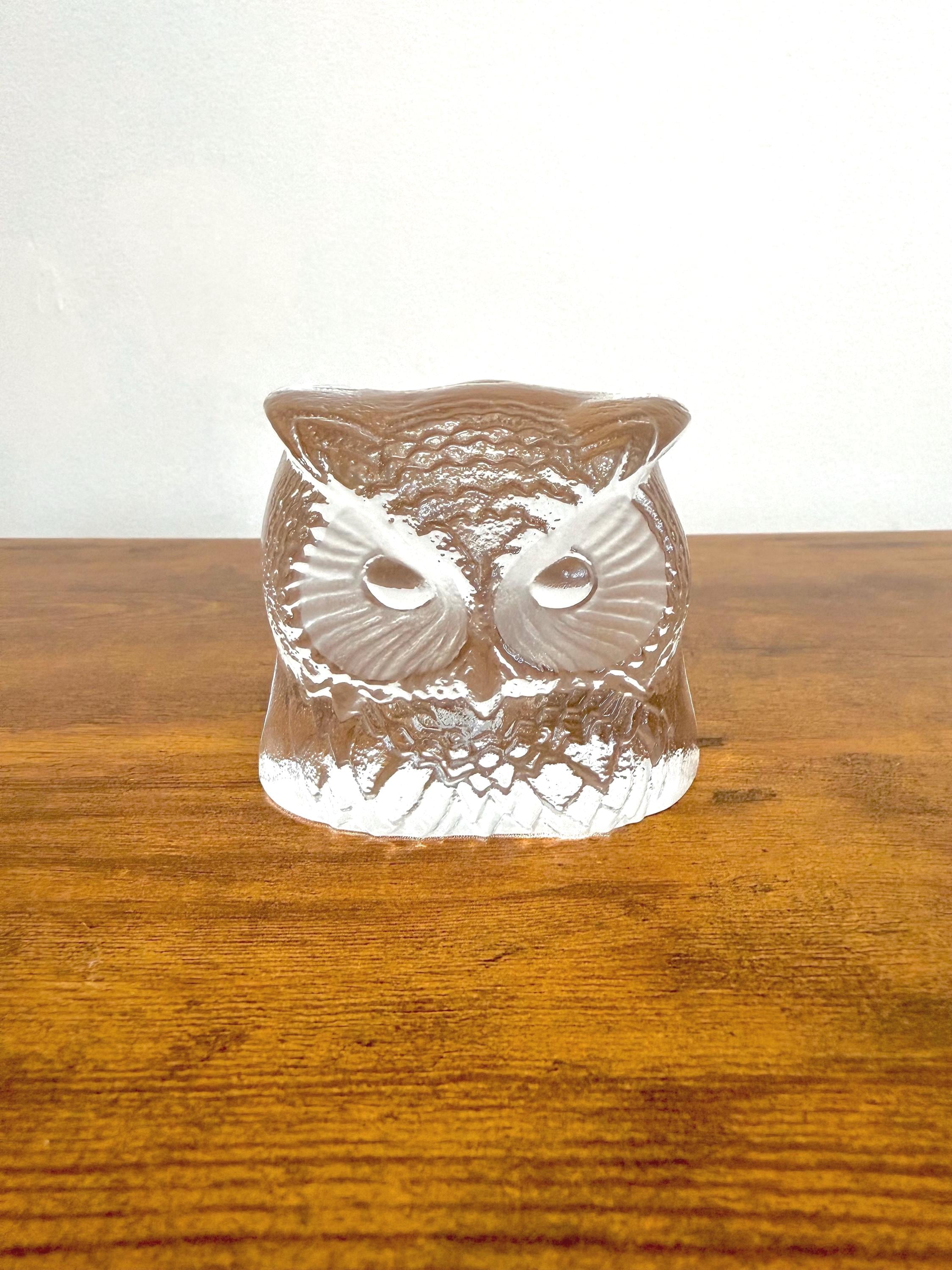 Vintage Nybro Crystal Sweden Owl Sculpture, Scandinavian Glass Figurine, Clear Crystal Paperweight, 