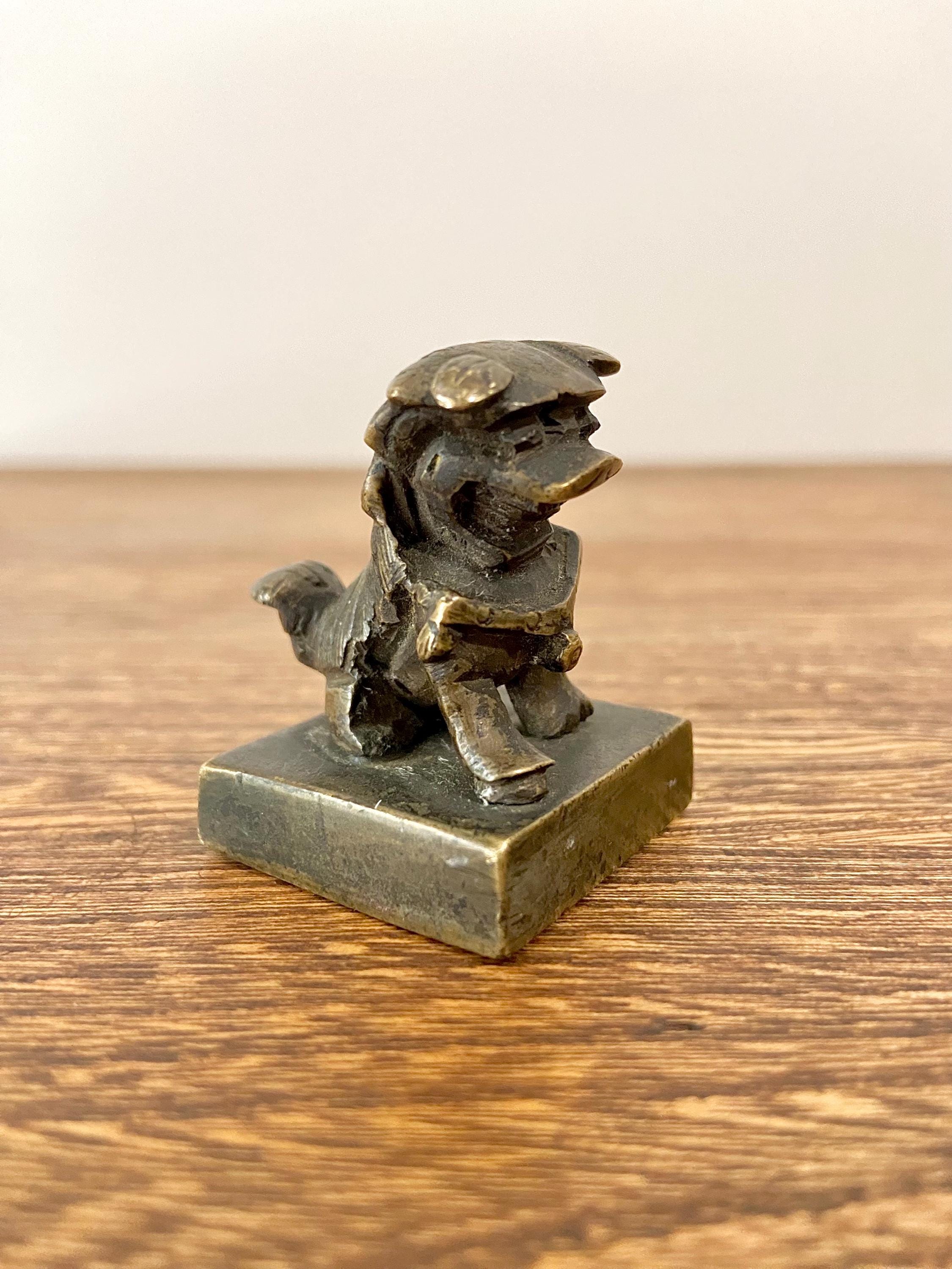 Vintage Brass Chinese Foo Dog Seal Stamp, Bronze Guardian Lion