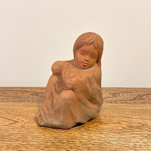 Mexican Folk Art Terracotta Sitting Girl in Poncho - Handmade Red Clay Sculpture Signed by Miguel Ixtapa