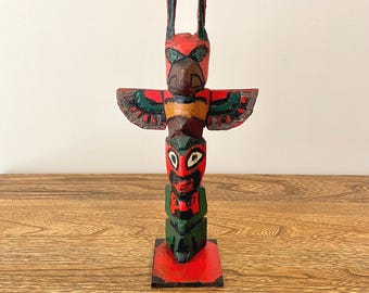 Vintage 1937 West Coast Totem Pole, Signed with Symbol, Polychrome Painted Wood Indigenous Carving, Pacific Northwest First Nations Canada