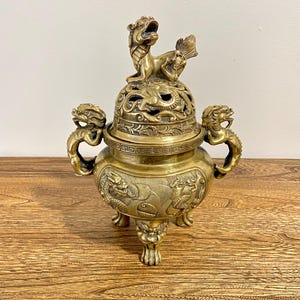 Large Vintage Chinese Brass Incense Burner, Foo Dog Lid & Dragon Handles, Tripod Censer with Apocryphal Da Ming Mark, 10.75&quot;, China