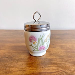 Vintage Shafford Herbs & Spices White Floral Egg Coddler with Lid, Porcelain Jar, Botanical Design, Stainless Steel Top, Made in Japan, 4”H