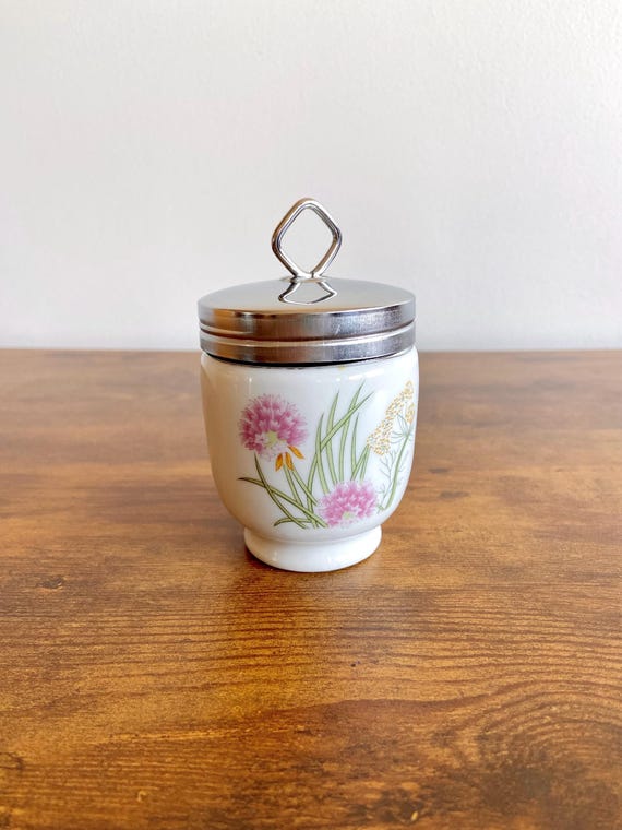 Vintage Shafford Herbs & Spices White Floral Egg Coddler with Lid, Porcelain Jar, Botanical Design, Stainless Steel Top, Made in Japan, 4”H