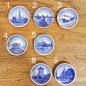 Vintage Royal Copenhagen Collectible Plates, Blue & White Denmark 2010 Plaquettes, Danish Landmarks Display or Coaster #1, 2, 3, 4, 5, 8, 9