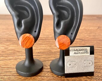 Vintage Australian Lacewood Stud Earrings - Round Wooden Post Earrings, Minimalist Jewelry, Australia