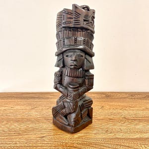 Large Vintage Aztec Wooden Statue, Maya Mesoamerican Totem, 1970s Wood Carving, 12&quot; Rustic Mexican Sculpture, Pair Available, Mexico