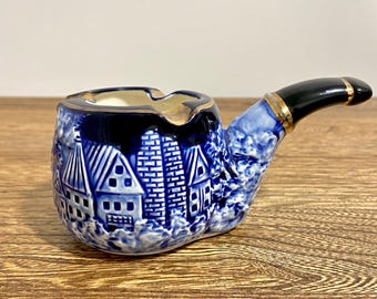 Vintage ESD Japan Pipe Shaped Ashtray 24088, Blue & White Ceramic