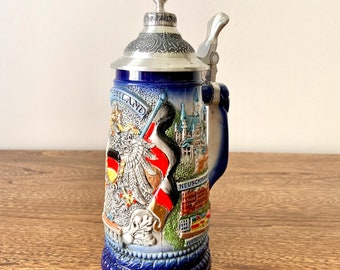 Deutschland Landmarks Cities Beer Stein, German Design, Beer Stein with Metal Pewter Lid