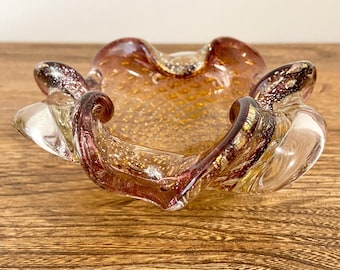 Vintage Murano Art Glass Bowl, Pink and Purple with Gold Flecks, 6" Pinched Dish, Attributed to Barovier & Toso, Italy, Murano Sticker
