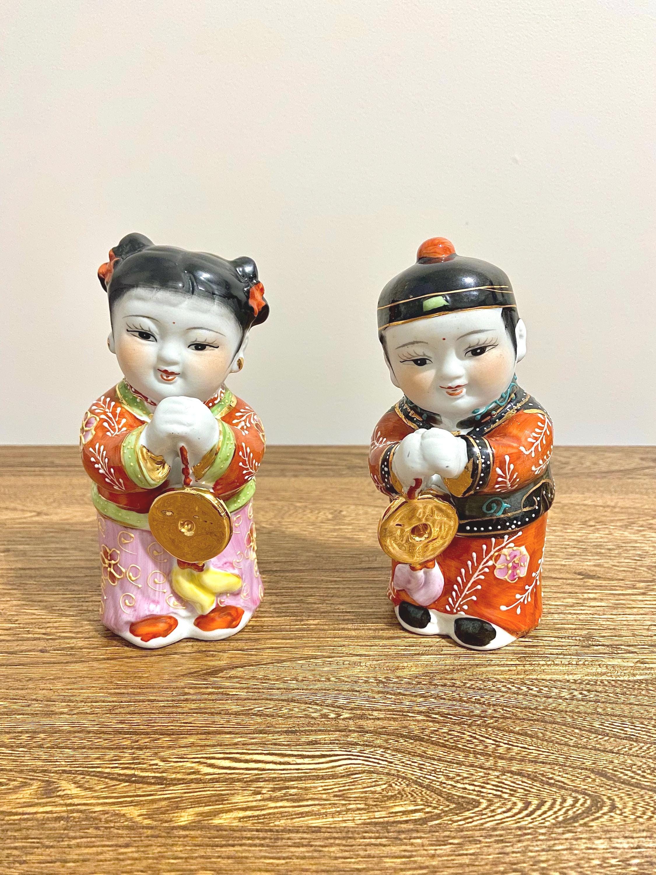Rare Vintage Chinese Jintong Golden Boy and Yunu Jade Girl