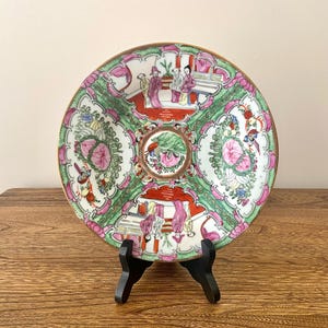 Vintage Famille Rose Medallion 9&quot; Porcelain Plate, Hand-Painted Chinese Rose Bowl, Chinoiserie Decor, Canton Rose Porcelain Dish