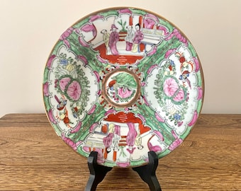 Piatto in porcellana vintage Famille Rose Medallion da 23 cm, ciotola con rose cinesi dipinte a mano, decorazione Chinoiserie, piatto in porcellana Canton Rose