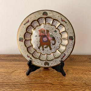 Vintage Meenakari Brass Plate - King on Elephant Design - Handcrafted Wall Hanging, Made in India, 9.5&quot; Diameter, Lightweight