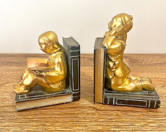 Pair of Vintage 1930s Ronson Asian Children Bookends, Boy and Girl Dreaming & Reading, Heavy Gilt Cast Metal, Art Deco, United States, As-Is