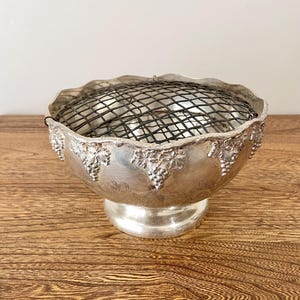 Vintage English Ornate Silver Plated Copper Rose Bowl with Flower Frog, Grape & Vine Design, 8” Diameter, Old English Reproduction, As-Is