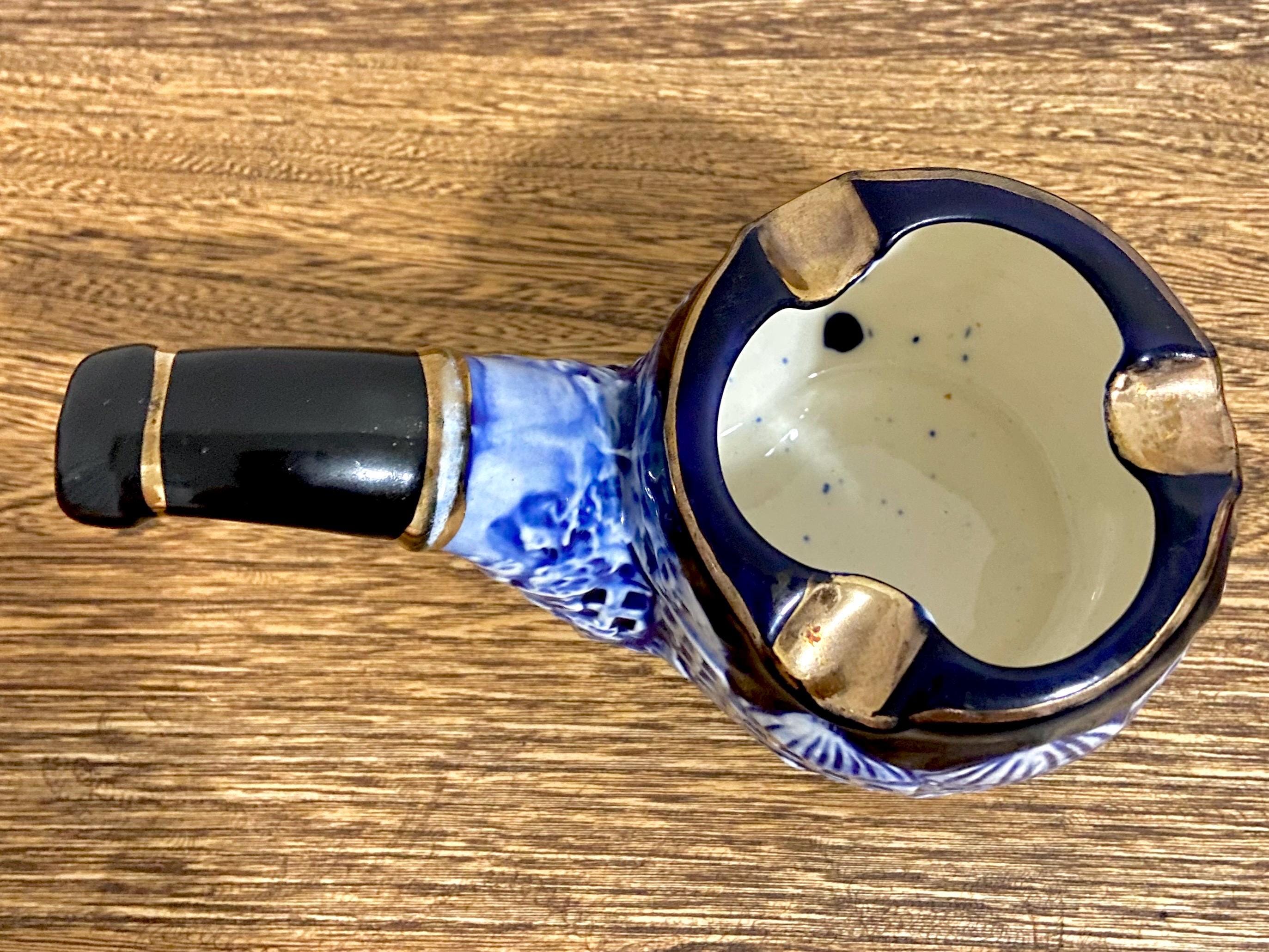 Vintage ESD Japan Pipe Shaped Ashtray 24088, Blue & White Ceramic