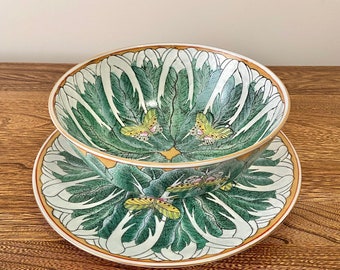 Vintage Chinese Porcelain Bok Choy Butterfly Plate, Bowl, Andrea By Sadek, Famille Verte Cabbage Leaf and Moth Design, Chinoiserie Bok Choy