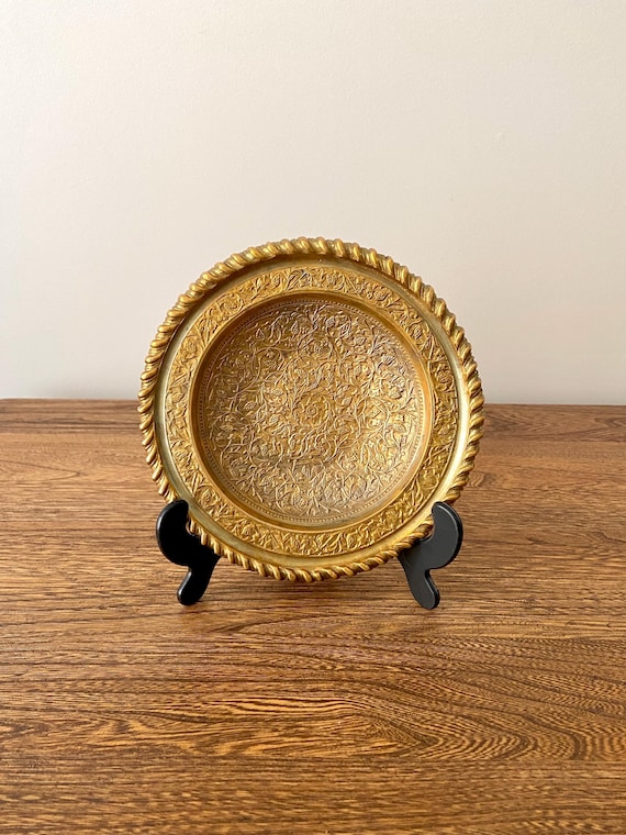 Vintage Solid Brass Serving Dish, Floral Design, 7” Round