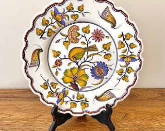 Vintage Filcer Portugal Hand-Painted Ceramic Plate, 10.5" Portuguese Faience Wall Plate with Bird, Moth & Floral Motif, Signed Cagár