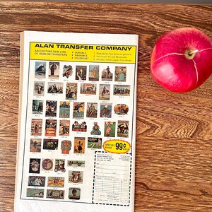 May include: A sheet of iron-on transfer designs featuring various vintage-style illustrations. The designs include a variety of themes, such as cars, aeroplanes, and military imagery. The sheet is titled "Alan Transfer Company" and includes the text "An exciting new line of iron-on transfers."  The designs are available for 99 pence each.