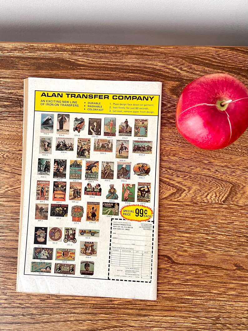 May include: A sheet of iron-on transfer designs featuring various vintage-style illustrations. The designs include a variety of themes, such as cars, aeroplanes, and military imagery. The sheet is titled "Alan Transfer Company" and includes the text "An exciting new line of iron-on transfers."  The designs are available for 99 pence each.
