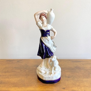 Vintage Royal Dux Bohemian Porcelain Shepherdess Water Carrier, Blue & White Figurine, Art Nouveau, 9.5&quot;H, Czechoslovakia