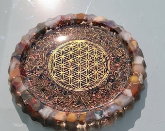 Untersetzer "Lebensblume" aus Orgonit,  Edelsteine, 24 K Blattgold, Metalle,  Energetisierung, Harmoniserung, Transformation, Meditation