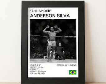 May include: Black and white framed print featuring Anderson Silva, nicknamed "The Spider." The image shows Silva in a fighting stance. Text includes height, weight, reach, stance, date of birth, and record. A Brazilian flag is in the lower right corner.