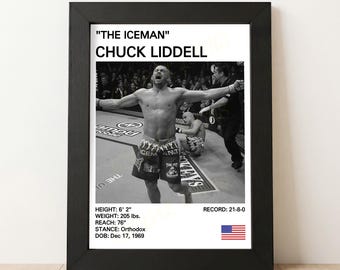 May include: Black and white framed print featuring Chuck Liddell, nicknamed "The Iceman", celebrating a victory in the ring. The print includes his height, weight, reach, stance, date of birth, and record. An American flag is displayed.
