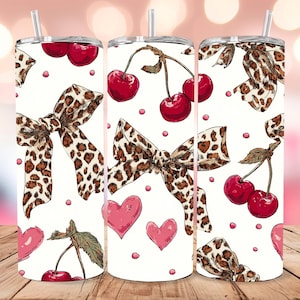 Wrap Tumbler Cherry en Cheetah, Coquette met luipaardprint 20 oz mager sublimatieontwerp beker, Coquette Cherry digitale download, png PNGEgg