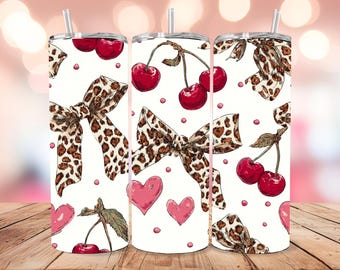 Envoltura para vaso de cereza y guepardo, diseño de sublimación para vaso delgado Coquette de 20 oz con estampado de leopardo, descarga digital PNG de Coquette Cherry