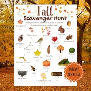 Puede incluir: Una lista imprimible de búsqueda del tesoro de otoño con ilustraciones de elementos de temporada como hojas, bellotas y calabazas. El texto dice "Búsqueda del tesoro de otoño" y "Descarga instantánea."