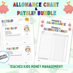 May include: A bundle of printable financial tools for children, including an allowance chart and payslip template. The design features a light blue background with pink piggy banks and the text "ALLOWANCE CHART & PAYSLIP BUNDLE". The payslip template includes the text "PAYSLIP".